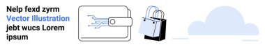Digital wallet with tech circuit extending from clasp, shopping bags representing e-commerce, and a cloud icon for online storage. Ideal for fintech, e-commerce, data, security, shopping, technology