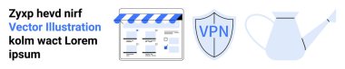 Online storefront with a striped awning, a shield with VPN text for online security, and a watering can. Ideal for e-commerce, cybersecurity, data protection, internet privacy, online shopping