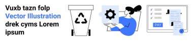 Recycling bin with symbol, person holding gear, payment form, and checklist. Ideal for sustainability, productivity, workflow, task management finance automation business processes. Abstract line