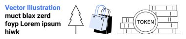 Shopping bags, token coins, and a pine tree icon focus on commerce, eco-conscious innovation, and financial systems. Ideal for e-commerce, sustainability, retail, economy nature environment
