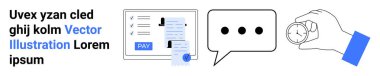 Payment screen with checklist and pay button, chat bubble, hand holding clock. Ideal for finance, communication, productivity, technology, deadlines, planning abstract line flat metaphor