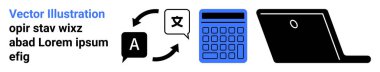 Speech bubble with a letter, arrows indicating translation, calculator, and laptop in black and blue palette. Ideal for communication, language learning, technology, education, work productivity