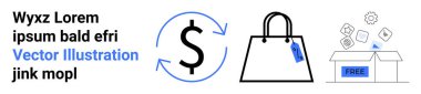 Dollar sign with arrows symbolizing exchange, shopping bag with price tag, and open box labeled free emitting app icons. Ideal for e-commerce, finance, retail, discounts, digital marketing, shopping