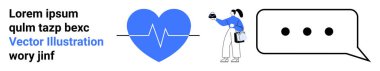 Blue heart with pulse line, person holding coffee, and chat bubble with three dots. Ideal for health, communication, lifestyle, self-care, technology, mobile apps flat landing page banner