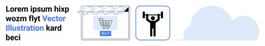 Digital storefront with shopping cart, weightlifter icon, and cloud graphic. Ideal for e-commerce, fitness, technology, customer service, retail, logistics and lifestyle themes on a flat landing