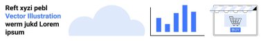 Cloud icon, analytics bar chart, and online store window with cart. Ideal for data visualization, e-commerce, analytics tools, online business, retail insights, cloud computing flat landing page