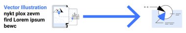 Multiple files being transferred through a blue arrow to a circular chart with data visual elements. Ideal for data analysis, process flow, technology, data migration, productivity, education, simple