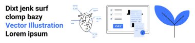 Anatomical heart with digital data connections, electronic payment screen, and green leaf for health, finance, and sustainability. Ideal for tech, healthcare, fintech, eco-conscious solutions future