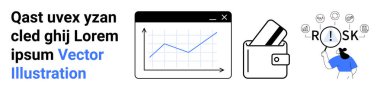 Line graph showing upward trend, wallet with cards, person analyzing risk. Ideal for financial growth, online payments, money management, risk analysis, business planning, investment strategy