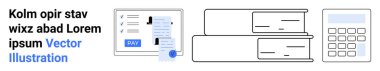 Online payment form, stacked books, and calculator showcasing finance, education, accounting, banking, technology, e-learning. Ideal for fintech study tools cloud solutions budget plans abstract