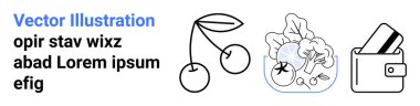 Trio of minimalist black line art drawings including cherries, a bowl of salad, and a wallet with cards. Ideal for health, nutrition, finance, commerce, culinary arts, simple designs modern