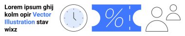 Clock face, percentage sign on coupon, and two outline user icons. Ideal for discounts, time-saving, customer profiles, marketing, promotions strategy planning. Abstract line flat metaphor