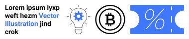 Bitcoin logo, light bulb for ideas, and a percentage discount ticket. Ideal for cryptocurrency, innovation, finance, marketing, savings e-commerce technology concepts. Abstract line flat metaphor