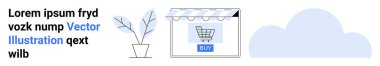 Digital storefront with a shopping cart icon on a screen, minimalist plant, and cloud. Ideal for e-commerce, online business, digital marketing, website design, startup, SaaS promotion flat landing