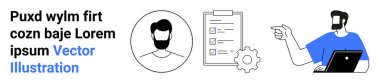 Man with laptop pointing at task list alongside profile icon and gear. Ideal for teamwork, productivity, workflow, communication, collaboration, project management, and flat landing page banner