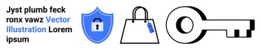 Shield with lock, shopping bag, and key connected by security and shopping themes. Ideal for privacy, e-commerce, trust, protection, online transactions, cybersecurity flat landing page banner
