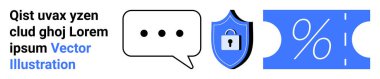 Chat bubble, secure shield with lock icon, and coupon with percent sign in blue. Ideal for digital communication, online security, discounts, promotions, marketing, e-commerce data protection