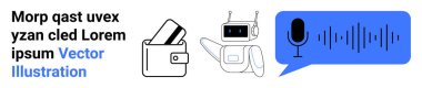 Digital wallet with card, AI robot with raised hand, blue speech bubble with microphone and sound waves. Ideal for AI, fintech, communication, innovation, technology, interaction future concepts