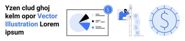 Pie chart, bar graph, person climbing RISK blocks, currency icon. Ideal for finance, investment, strategy, economy, business growth planning simple landing page