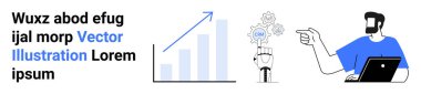 Robot hand with gears sparks innovation, growth chart depicting strategy, man with laptop for development. Ideal for technology, business, AI, growth, innovation, teamwork flat landing page banner