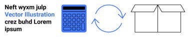 Blue calculator, circular recycling arrows, and open cardboard box indicate themes of calculation, sustainability, and packaging. Ideal for finance, e-commerce, logistics, education environment