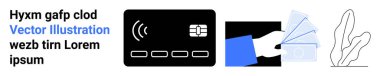 Credit card with NFC signal, hand holding a wallet with payment cards, and abstract illustrations. Ideal for fintech, digital transactions, e-commerce, payment apps, modern business, banking simple