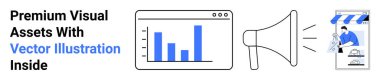 Analytics chart in a browser window, megaphone, and content graphic. Ideal for business, marketing, analytics, advertising, promotion, communication and flat landing page banner