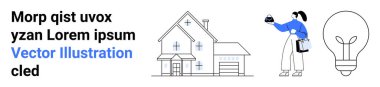 Woman holding an item while standing beside modern house sketch and lightbulb icon, representing ideas, innovation, and real estate. Ideal for technology, marketing, ideas, innovation, real estate