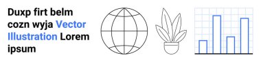 Abstract globe, potted plant, bar chart with gridlines, and placeholder text. Ideal for business, environment, analytics, global connectivity technology sustainability education. Perfect for flat