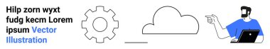Gear mechanism, cloud outline, man with laptop illustrating cloud integration, data management, team collaboration. Ideal for technology, business, education, service design digital tools IT