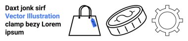 Shopping bag with tag, single coin angled in rotation, and mechanical gear. Ideal for commerce, retail, finance, business, economy productivity technology. Flat landing page banner