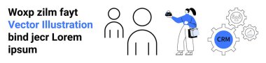 User profiles, person interacting with gear settings, conveyor depicting CRM process. Ideal for CRM, workflow, business teamwork, profile management, automation, communication flat landing page