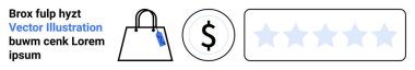 Shopping bag with price tag, dollar sign for cost concept, five-star rating system for reviews. Ideal for e-commerce, retail, shopping, pricing, ratings reviews digital marketing. Flat landing page