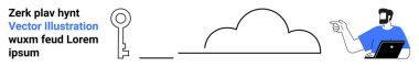 Key beside a cloud symbolizing access, a man with a laptop pointing toward it. Ideal for technology, security, cloud computing, digital transformation, data access, innovation, flat landing page