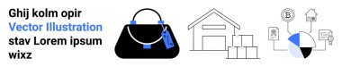 Modern bag with tags, warehouse with boxes, pie chart, and tech-inspired icons. Ideal for online shopping, logistics, retail business, product marketing, data analysis commerce flat landing page