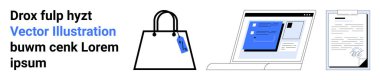 Shopping bag with tag, laptop displaying interface, and signed document highlight e-commerce, digital marketing, retail, business agreements, customer purchases. Ideal for platforms, apps flat
