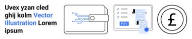 Digital wallet with circuits, payment slips, and British pound currency icon. Ideal for fintech, digital payments, e-wallets, mobile banking, online transactions, money management abstract line flat