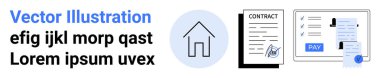House icon, contracts with signatures, and payment receipt. Ideal for real estate, mortgages, rental agreements, financial documents, legal processes, payment systems abstract line flat metaphor