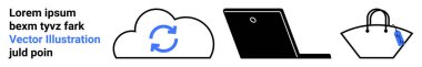 Cloud with sync icon, laptop, and handbag represent data synchronization, online activities, shopping, and technology. Ideal for cloud computing, e-commerce, tech work shopping connectivity flat