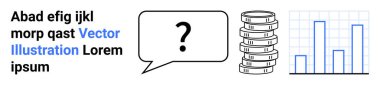 Speech bubble with question mark, text block, stacked coins, and bar chart. Ideal for communication, business, finance, decision-making, analytics investment strategies simple landing page