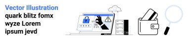 Laptop displaying security warning, password input and cloud server. Open wallet with cards, magnifying glass. Ideal for data protection, cybersecurity awareness, financial security, online safety