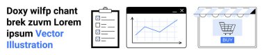 Checklist clipboard, increasing graph in browser window, online store icon with shopping cart. Ideal for e-commerce, business planning, sales strategy, market analysis, data management, research