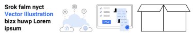 Cloud with data icons, online payment form with pay button, and empty open box. Ideal for e-commerce, logistics, app UI, digital trends, payment processing, cloud storage technology abstract line