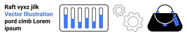 Bar graph with blue and white bars, two mechanical gears, and a black handbag with a blue tag. Ideal for analytics, business, fashion, technology, retail, data visualization flat landing page banner