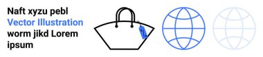 Stylish handbag with accent tag next to simple globe outlines suggesting global themes thumbs up fashion trends and travel. Ideal for branding, e-commerce, retail, travel, global commerce, minimal