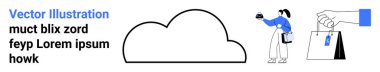 Abstract cloud, person holding mobile phone, and hand with shopping bags. Ideal for online shopping, cloud computing, mobile apps, digital marketing, modern business, retail flat landing page banner