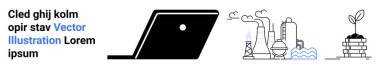 Laptop silhouette, industrial plants emitting smoke, sprouting plant on coin stack. Ideal for environmental awareness, sustainability, industry vs. nature, economy growth, eco-technology