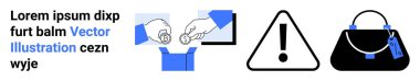 Hand places coin in donation box, a warning icon, and a handbag with a tag symbolize charity, caution, fashion, safety, financial planning, shopping professionalism. Ideal for flat landing page