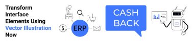 Visual elements include ERP text, shopping cart, cash back, analytics robot, mail, and graph icons. Ideal for e-commerce, AI tech, finance data analysis automation SaaS flat landing page banner