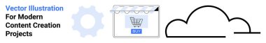 Shopping cart inside a storefront, a gear symbol, and a cloud element representing e-commerce, digital innovation, online shopping, technology integration, data storage, business solutions, ideal